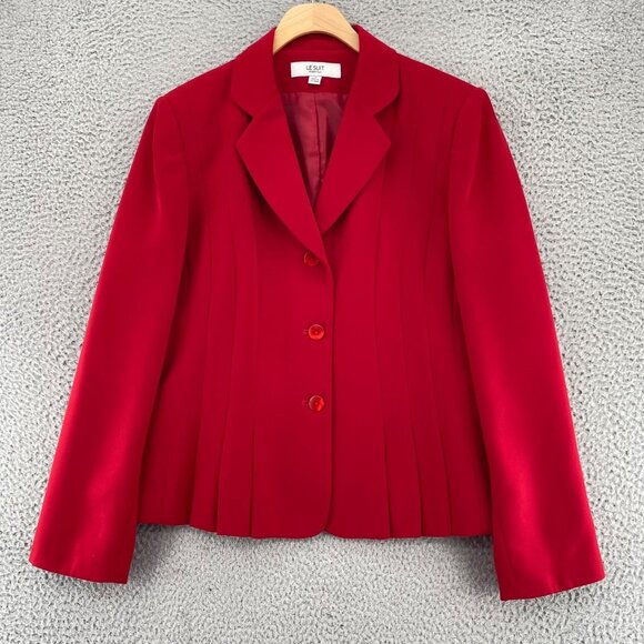 Le Suit Set Womens 12 Red Pleated Jacket Button Up Below Knee Skirt 2 Piece Work - Picture 10 of 16